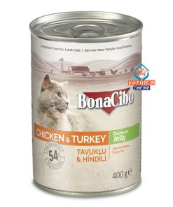 BonaCibo Canned Wet Cat Food Chicken & Turkey Chunks In Jelly 400g